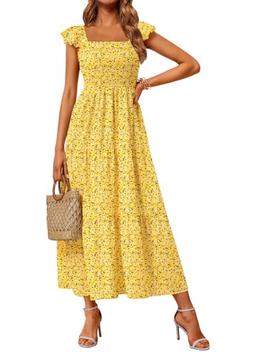 LILLUSORY Womens Spring Dress 2026 Summer Maxi Easter Sundress Sun Boho Vintage Baby Shower Square Neck Beach Vacation Cute Ruffle Smocked Teen Casual Yellow Floral M