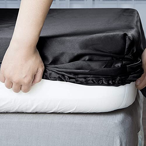 Thmyo Satin Bed Sheet Set,Extra Soft Deep Pocket Silky Satin Sheet Set With 1 Fitted Sheet +1 Flat Sheet + 2 Pillow Cases (4-Piece Black, Queen) #TOP6