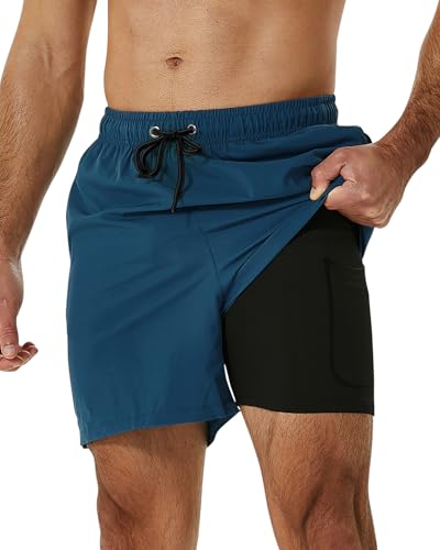 SILKWORLD Mens Swim Trunks with Compression Liner Quick-Dry Swimming Bathing Shorts with Zipper Pockets, Gobain Blue, Large
