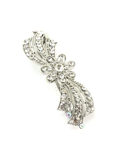 Women's Rhinestone Flower Hair Barrette Clip Hair Pin Antique Silver IMB2147, Clear