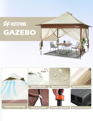 OUTFINE 12×12 Pop Up Gazebo-Heavy Duty Gazebos with Sturdy Metal Frame (10×10 Base) Reinforced with Steel Cables,Mesh Curtains,Steel Cables and Shelter for Patio, Party&Backyard(All khaki,12*12FT Pro)