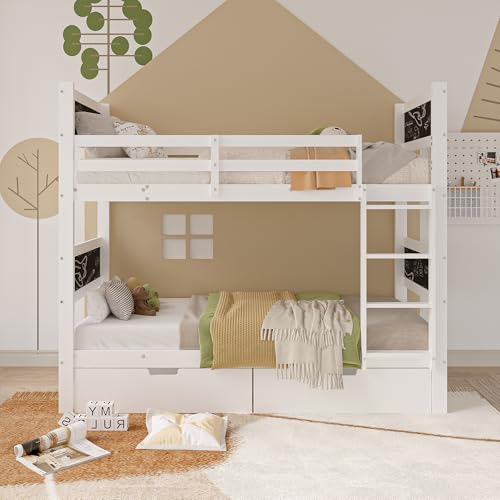 EIFSON Litera de 90 x 200 cm para 2 niños, cuna con escalera, cama alta con protección anticaída y somier, litera con pizarra y espacio de almacenamiento, cajones, sin colchón, color blanco