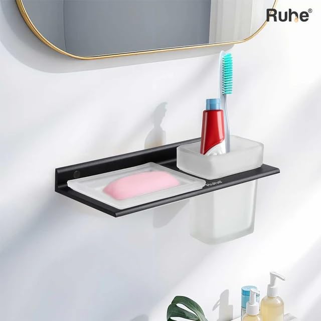 Image of Ruhe Ember 2 in 1 Soap Dish & Tumbler Holder | Soap Case | Tooth Brush Holder | Bathroom Accessories | Wall Mounted | Soap Stand | Black