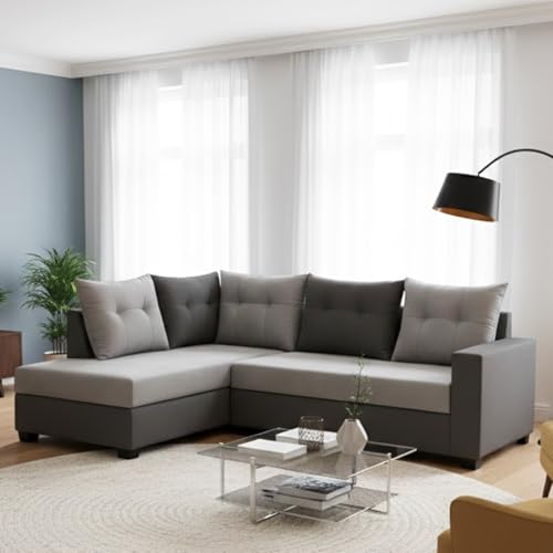Image of SOCOZI Oriana 4 Seater LHS L Shape Sofa Set | Soft Velvet Suede Fabric | Modern Design | Plush Comfort Cushions for Living Room (Light Grey-Dark Grey)