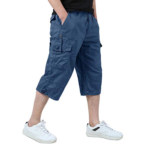 KEFITEVD Pantalones Cortos para Hombre de 3/4 de Longitud Pantalones Cortos de Trabajo de Carga Holgados Pantalones Cortos Capri Largos con Cintura Elástica, Gris Azul, 40