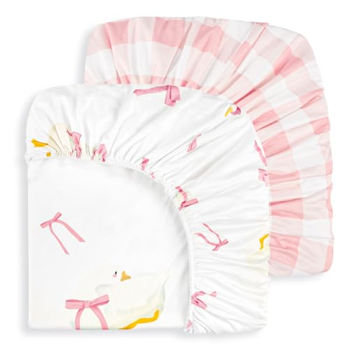 Image of Baby Crib Sheets Girl 2 Pack, Pink Bow Toddler Bed Sheets, Extra Breathable, Soft, Stretchy Microfiber, 28 inchx 52 inch Fitted Sheet for Standard Crib & Toddler Mattress (Goose & Gingham)