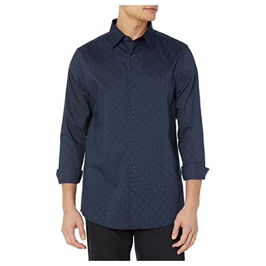 Amazon Essentials Camisa de Vestir Elástica, Manga Larga, Corte Recto Hombre, Azul Marino Estampado Geométrico, XXL