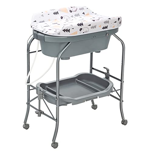 GOPLUS 4 en 1 Cambiador con Bañera, Cambiador de Pañales Plegable y Portátil con Bandeja de Almacenamiento y 4 Ruedas Universales con Frenos, para Bebés de 0 12 Meses, Carga hasta 35 kg (Gris)