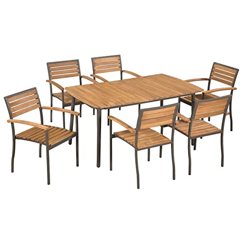Gecheer 7-TLG. Garten Sitzgruppe Gartenmöbel Set 6 Personen Essgruppe Gartentisch mit Stühle Gartengruppe Sitzgarnitur Gartengarnitur Terassenmöbel Akazie Massivholz und Stahl