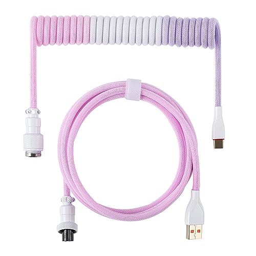 EPOMAKER MIX SE Gewickeltes USB-C-Kabel, 1.5m Doppelt Ummanteltes Kabel für Mechanische Tastatur, mit Abnehmbarem 4-Pin Aviator Stecker für Gaming Tastatur (Rosa&Weiß&Lila)
