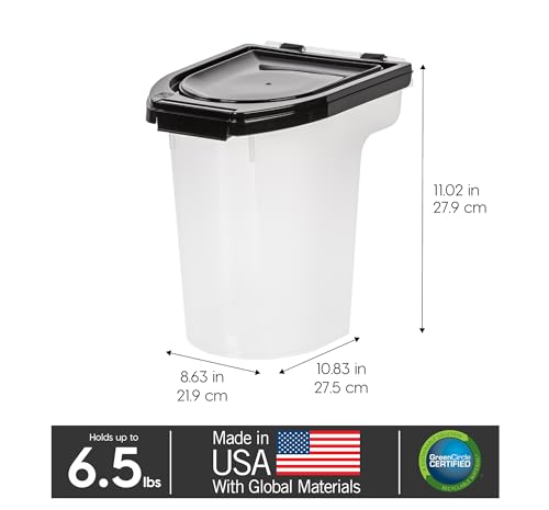 IRIS USA WeatherPro Airtight Pet Food Storage Container, Up to 6.5 lbs, Treat Box for Dog Cat and Bird Food, Keep Fresh, Translucent Body, Easy Clean Up, BPA free, Clear/Black