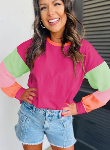 miduo Womens Long Sleeve Tops Color Block Stitching Casual Loose Fit Crew Neck Shirts Blouses3