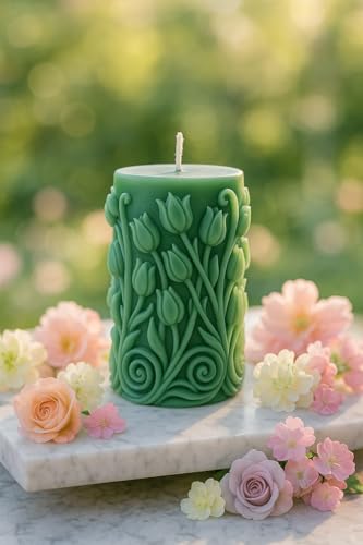 Image of Premium Vanilla Tulip Carved Candle - Handcrafted Decorative Scented Candle for Home Decor, Gifting & Romantic Ambience, Upto 25 Hours Burn time (Green, Vanilla)