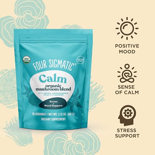 Four Sigmatic Calm Mushroom Blend | Adaptogen Supplement with Ashwagandha, Reishi, Tulsi, Cordyceps, Chaga, Rose Hips, and More | Natural Stress Relief and Immune Support Supplement | 30 Servings