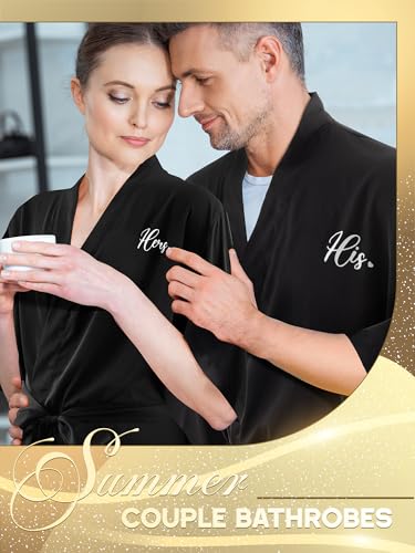 Jecery 2 Pcs Satin His and Hers Robes Set Matching Robes for Couples Women Man Wedding Engagement Bridal Shower Gifts4