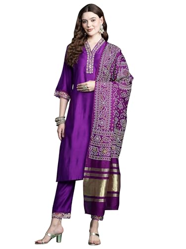 Image of INDO ERA Silk Women's Liva Solid Straight Kurta and Pant with Dupatta Set (KH1PR9632)