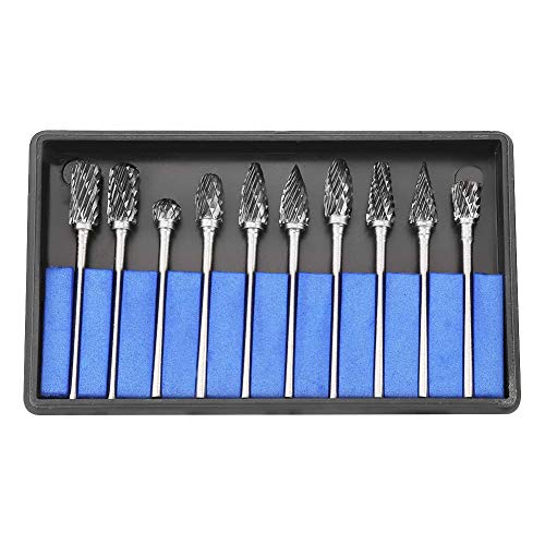 Jeu de 10 fraises en acier, fichiers en acier au carbure de tungstène, fraises rotatives, solide, tige de 2,35 mm / 0,1 pouce pour outils électriques ou...