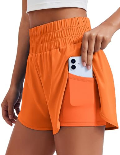 PINSPARK 2 in 1 Running Shorts for Women Comfy High Waisted Athletic Sports Short Tummy Control Stretch Workout Gym Active Shorts with Two Pockets Orange Medium