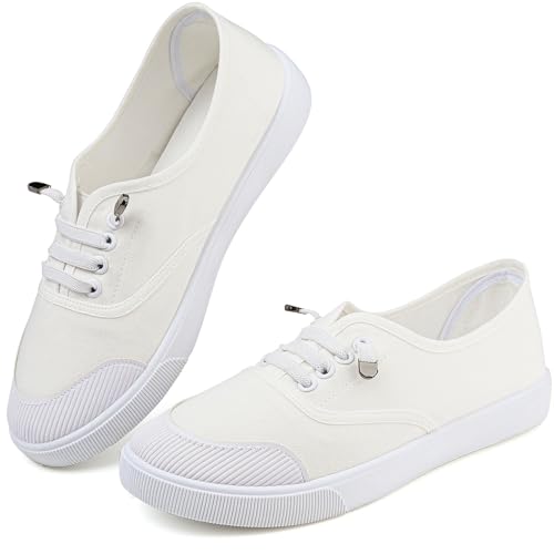 Image of Womens White Canvas Sneakers Lightweight Lace Up Fashion Comfortable Canvas Shoes Low Top Slip On Casual Tennis Walking Shoes Women Footwear