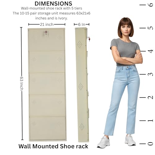 Image of 5 Door Wall Mounted Metal Shoe Rack Cabinet, Ivory, 63x21x6 Inch