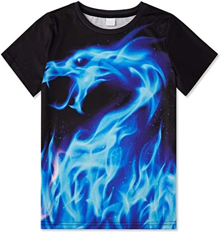 Loveternal Girls Boys Tops Dragon T Shirts Size 13-14 Teens Kids Short Slevees Cool Clothes 13 Year Old Youth Tee Shirt Black and Ice Blue Funny 3D Animal School Graphic T Shirts