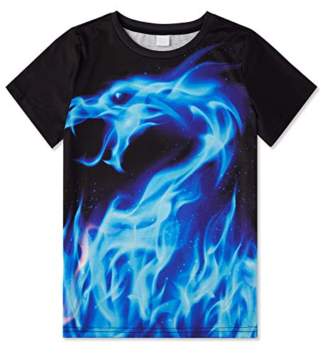 Loveternal Girls Boys Tops Dragon T Shirts Size 13-14 Teens Kids Short Slevees Cool Clothes 13 Year Old Youth Tee Shirt Black And Ice Blue Funny 3D Animal School Graphic T Shirts #TOP11