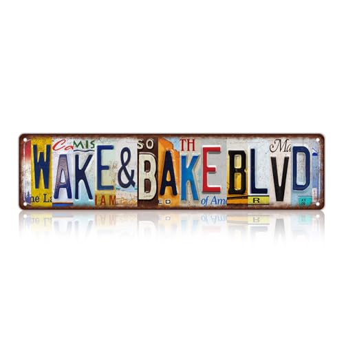 Vintage Wake & Bake Blvd Street Sign Wall Decor Metal Tin Signs