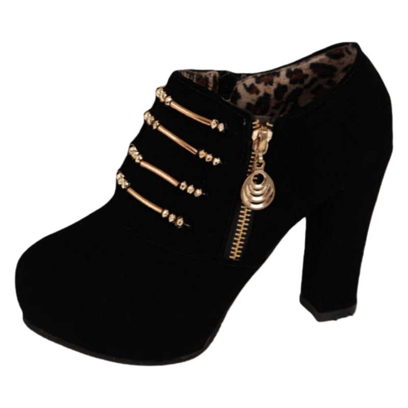 Womens fashionable short boots with thick soles high heels side zippers metal decorations and rubber soles Suitable for