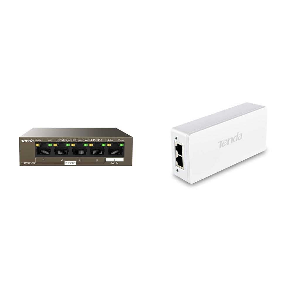 Bundle of Tenda 5-Port Gigabit PoE Switch 30W sans Alimentation (TEG1105PD) + Tenda Injecteur PoE Gigabit 30W IEEE 802.3af/at(POE30G-AT)