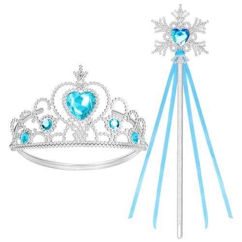 Cocojeci Tiara for Little Girls Princess Crown Princess Dress Up Tiara and Wand Birthday Crown for Girls 3-6 Kids Play Jewelry (Snow Blue Wand 2)
