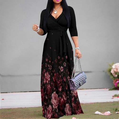 Image of Plus Size Maxi Dresses for Women V Neck 3 /4 Sleeve Wrap Dress