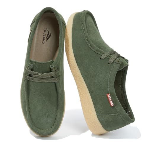 Image of TRULAND Leather Oxford Shoes for Women - Suede Lace Up Moc Toe Low Platform Flat Wallabees Shoes