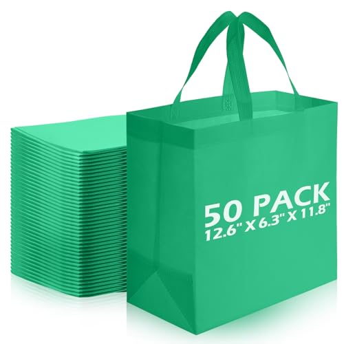 Reginary 50 Pieces Reusable Totes Bag Bulk Shopping Bags Non Woven Grocery Bag with Handles Foldable for Boutiques(Green)
