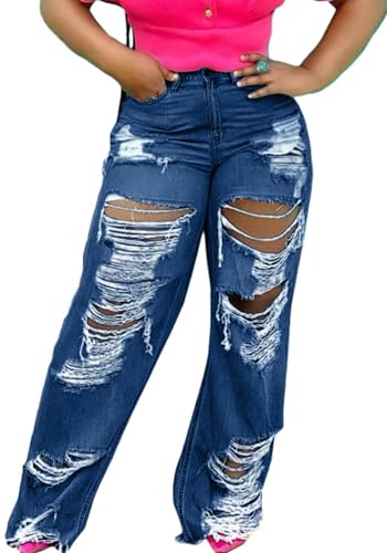 LAJIOJIO Womens Ripped Wide Leg Jeans Y2K Distressed Cutout Straight Leg Denim Pants Trousers with Pockets