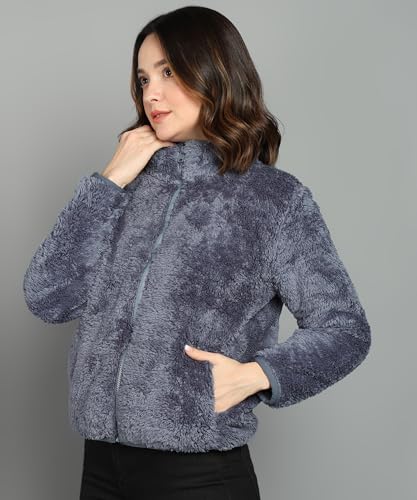 Image of Alan Jones Clothing Women's Fluffy Yarn Fleece Full-Zip Jacket | Soft Lightweight Warm Outerwear with Stand Collar & Piping at Hem & Cuffs