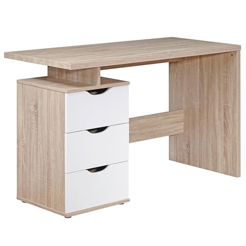Wohnling Schreibtisch MASSA 120 x 76 x 53 cm mit 3 Schubladen in Sonoma Weiß, Computertisch modern für Jugendliche, Laptoptisch platzsparend mit Ablage