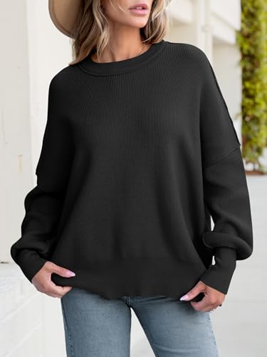Anrabess Women Crewneck Batwing Long Sleeve 2024 Fall Oversized Side Slit Ribbed Knit Pullover Sweaters Top Cozy Outfits Black Small thumb #3