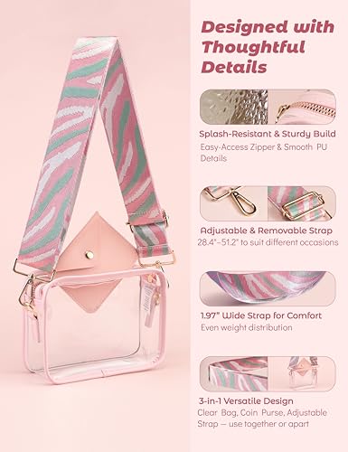 Image of Clear Crossbody Purse Stadium Approved, 3-in-1 Small Bag with Guitar Strap & Pouch, Fits 12x6x12 Policy Concerts