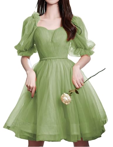 CWOAPO Puffy Sleeves Tulle Homecoming Dresses for Teens Sweetheart Short Prom Dresses A Line Cocktail Party Dress