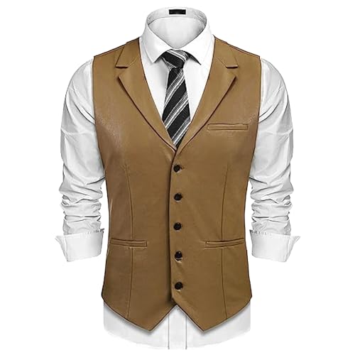 Herren-Leder-Kleid, lässig, Slim, Kunstleder, Kleid, Weste, leicht, V-Ausschnitt, Kleid, Farbe: Khaki, XXL