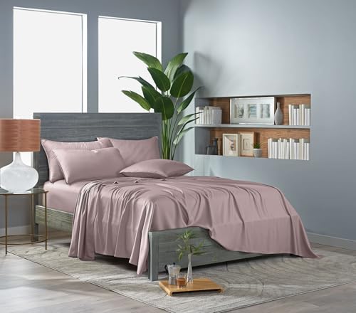 Image of Pure Bamboo King Sheets, Genuine 100% Organic Viscose Derived from Bamboo Bed Sheet Set, Luxuriously Soft & Cooling, Double Stitching, 2 Year Quality Promise (King, Dusty Pink)