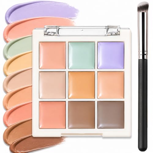 Image of 9 Shade Colour Corrector and Concealer Palette with Brush - Creamy Blendable Formula for Dark Circles, Redness, Dullness and Uneven Skin Tone, for Concealing, Brightening and Light Contour