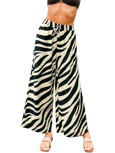 Image of CUPSHE Women's Wide Leg Beach Pants - Tropical Floral with Pockets Plus Size Casual Flowy Vacation Bottoms