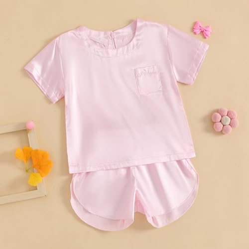 Qiylii Kids Toddler Girls Satin Pajamas Short Sleeve Tops Shorts Summer Pjs 2-Piece Solid Silk Pajama for Children Size 4-132