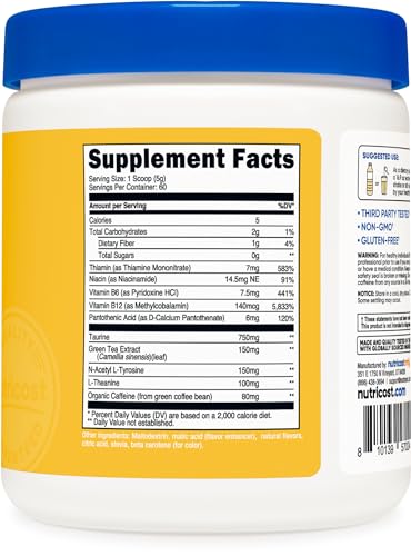 Image of Nutricost Energy Complex Drink Powder (White Peach Nectar) 60 Servings | Zero Sugar Supplement, Sweetened with Stevia, Organic Caffeine, 300g