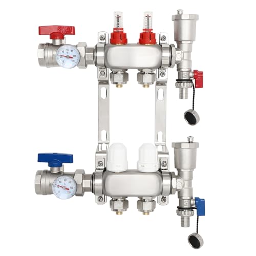 Image of Dollate 2 Branch Pex Manifold 1 /2 inch Adapters Stainless Steel Radiant Floor Heating Manifold Kit Hydronic Manifold