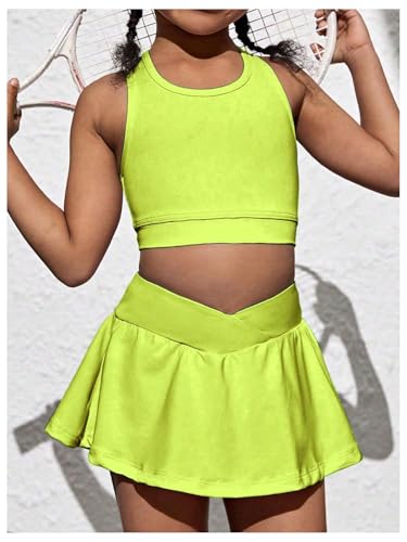 Image of SOLY HUX Toddler Girl's 2 Piece Workout Outfits Lightweight Crop Tank Tops and Skort Athletic Set Plain Mustard Yellow 6Y
