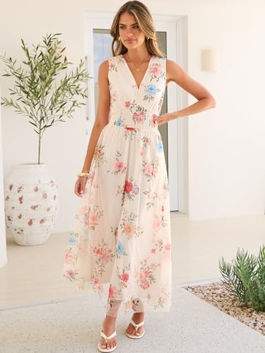 Image of ANRABESS Women's Floral Tulle Wedding Guest Maxi Dress | V Neck Sleeveless,A-Line Elastic Waist,Casual Flowy Formal Boho,Bridal Shower Garden Party Beach Vacation,Summer Fall