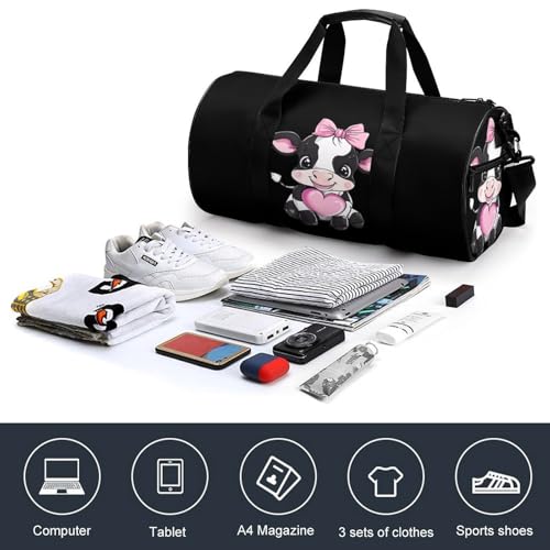 Black & White Cow Holding Heart Sports Gym Bag Travel Duffel Workout Bag with Adjustable Strap4