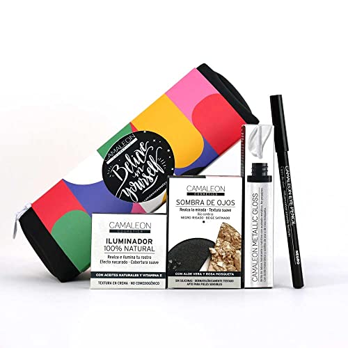Camaleon Cosmetics - MakeUp Berlín - Ojos Ahumados - Set Sombra de Ojos + Iluminador Blanco + Lápiz de Ojos Negro + Gloss Nácar - Neceser de regalo - Vegano